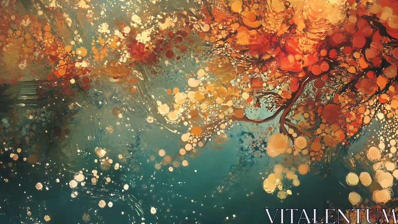 Autumnal bokeh tree canopy over teal reflective surface