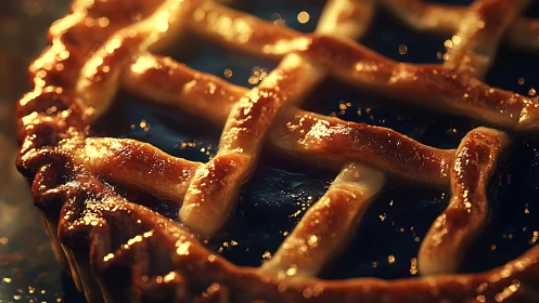 Golden lattice fruit pie glows under warm directional light