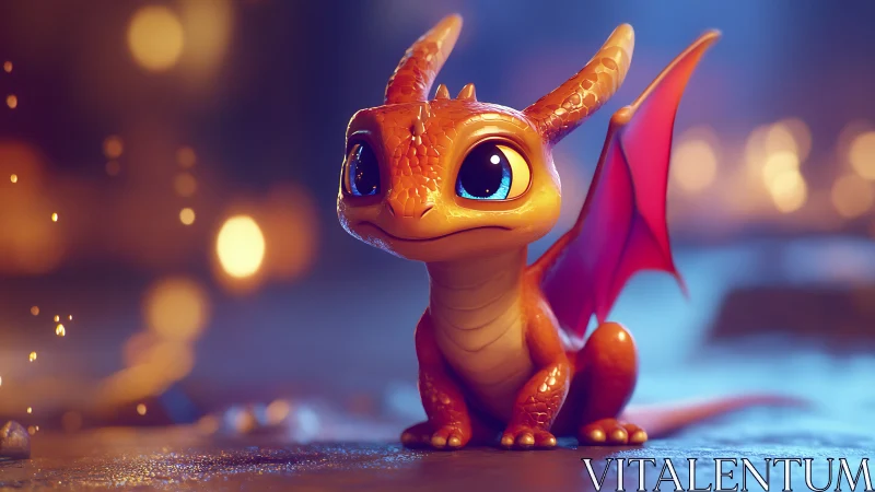 Small orange baby dragon sits on ground in warm light