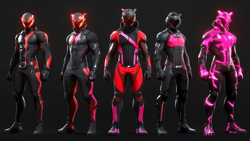 Neon armored heroes glowing in bold pink and black suits.