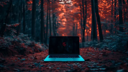 Laptop centered in teal and red forest landscape scene.