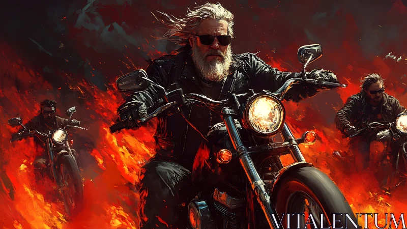 Rebel biker crew racing through fire with fearless energy.