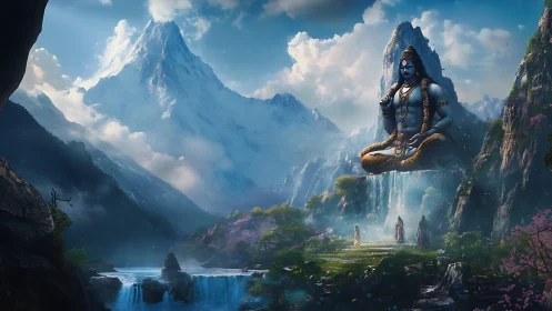 Mystic mountain valley with colossal meditating deity figure.