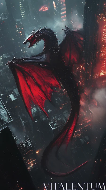 Crimson-winged dragon pours wildfire over the drowned city