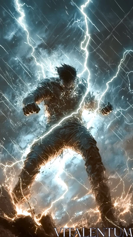 Storm-forged warrior erupting amid electric cataclysm.