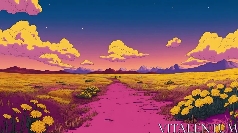 Dreamy sunset path through glowing wildflower meadows.