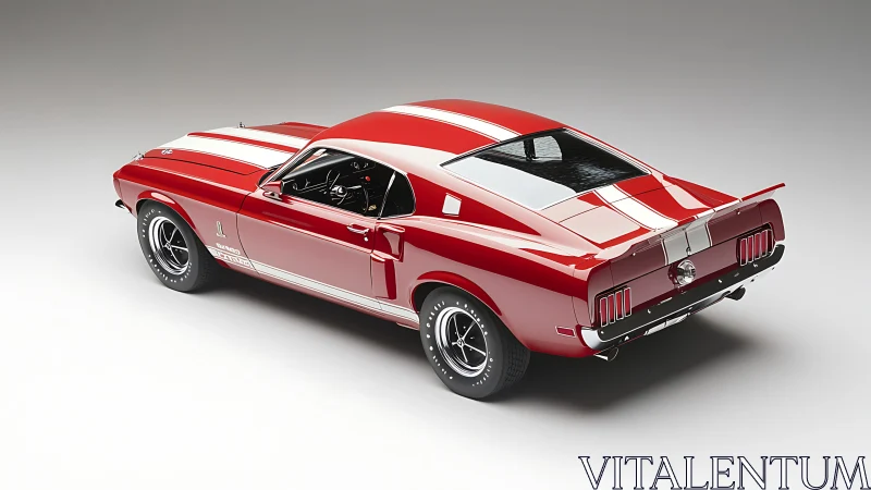 Red classic fastback muscle car with white racing stripes.