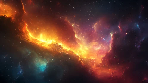 Cosmic nebula with vivid orange and blue gas clouds.