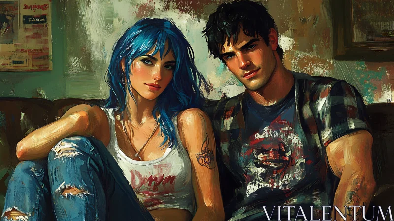 Digital portrait of blue haired woman and tattooed man on sofa.