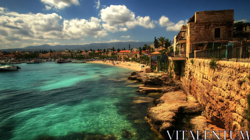 Coastal stone buildings above clear turquoise waterfront.