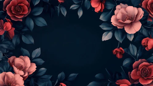 Floral Composition with Coral Roses Against Deep Navy Background