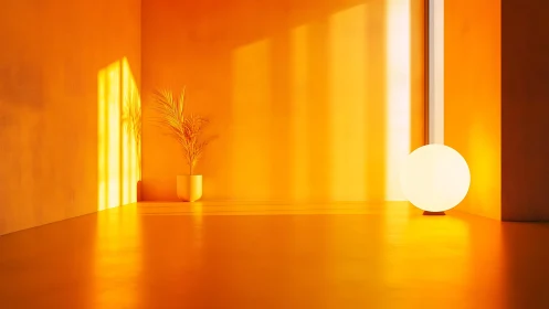 Monochromatic orange interior with strong directional light gradients