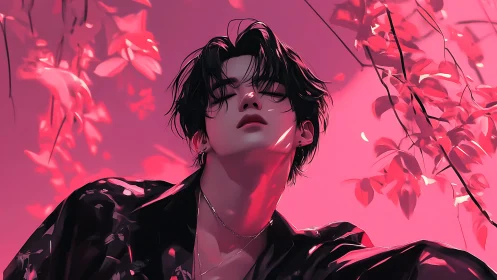 Androgynous figure under pink foliage in soft light.