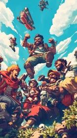 Ragtag sky raiders leap laughing into a cartoon dogfight