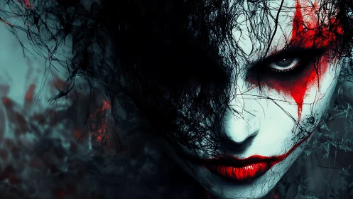 Monochrome harlequin face with asymmetric red smear and occluded eye