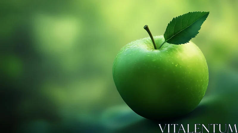 Single green apple on soft blurred green background.