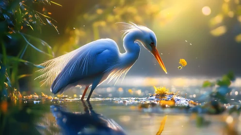 Luminous white heron studies flower and bee in golden wetland.