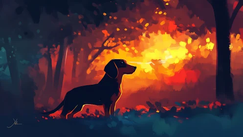 Silhouetted dog in stylized forest with intense sunset light.