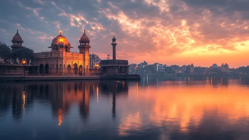 Golden riverside temple glows softly under a peaceful sunrise