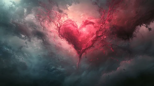Luminous Heart Tree: Ethereal Clouds and Radiant Pink Energy.