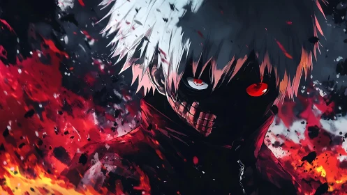 Masked white-haired warrior amid raging crimson firestorm.