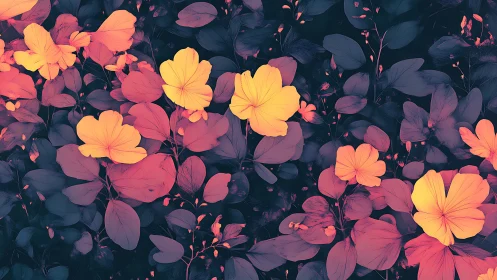 Layered Floral Composition: Illuminated Petals Against Dark Foliage.