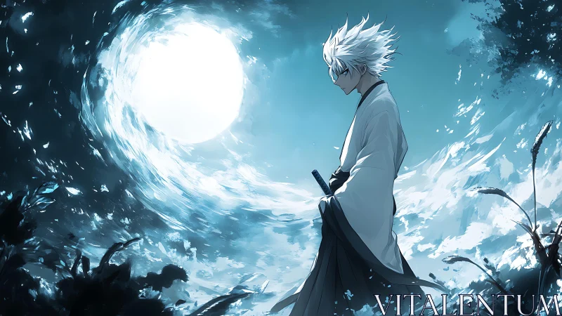 White haired swordsman walks under large bright moon