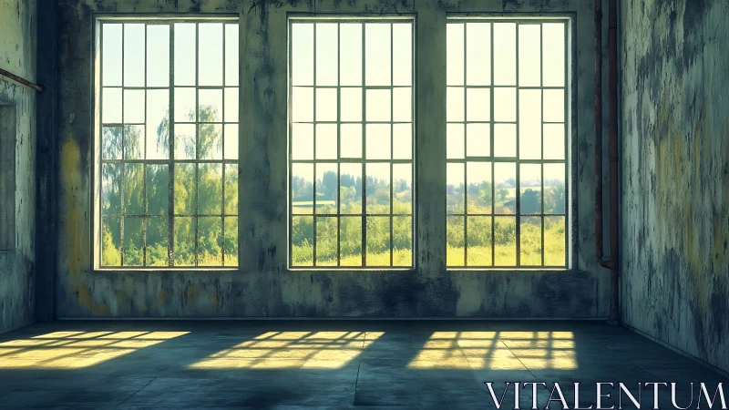 Sunlit abandoned loft overlooks a bright summer meadow