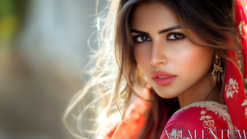 Portrait of woman in red embroidered fabric outdoors.