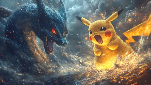 Electric creature and dragon figure in stormy clash scene.