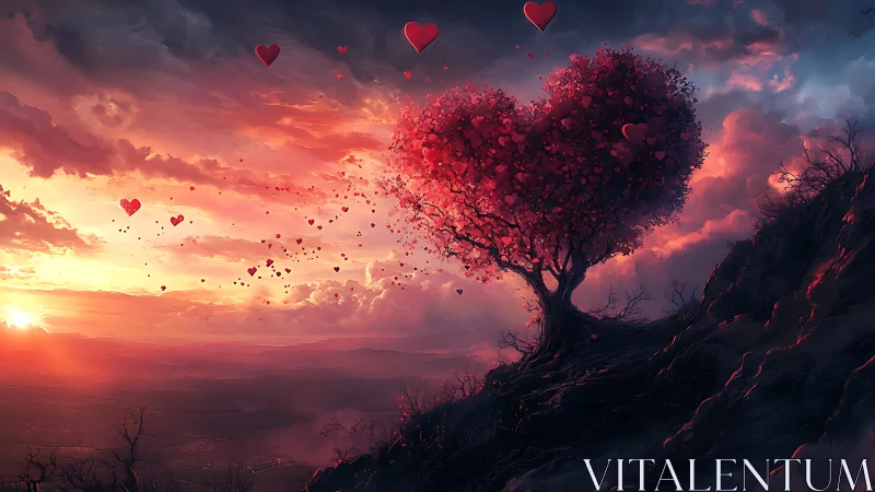 Heart-Shaped Tree at Sunset: Romantic Digital Landscape.