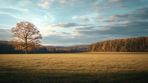 Solitary deciduous tree stands beside extensive forest edge