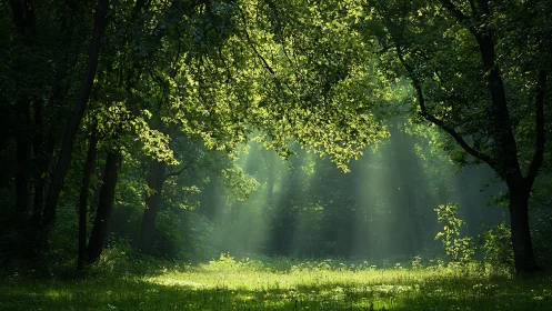 Luminescent Forest Canopy with Crepuscular Rays and Verdant Clearing.