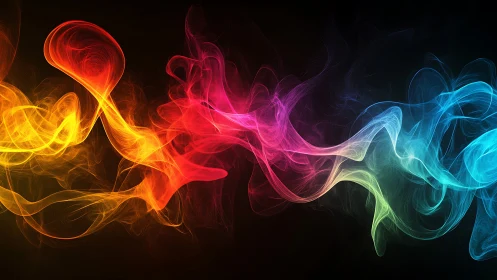 Multicolored luminous smoke waves curve across black background