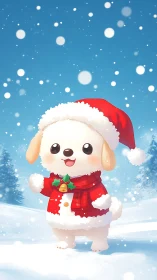 Anime holiday puppy in red Santa coat, vertical snow scene.