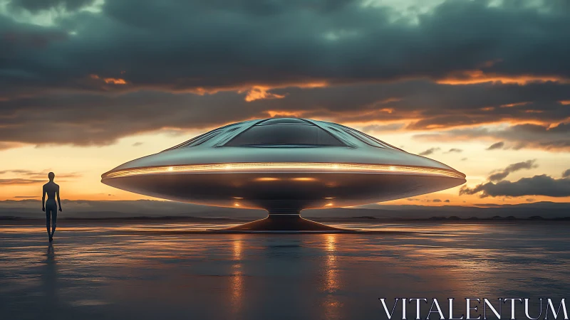 Silhouetted figure near disc-shaped craft at sunset horizon.