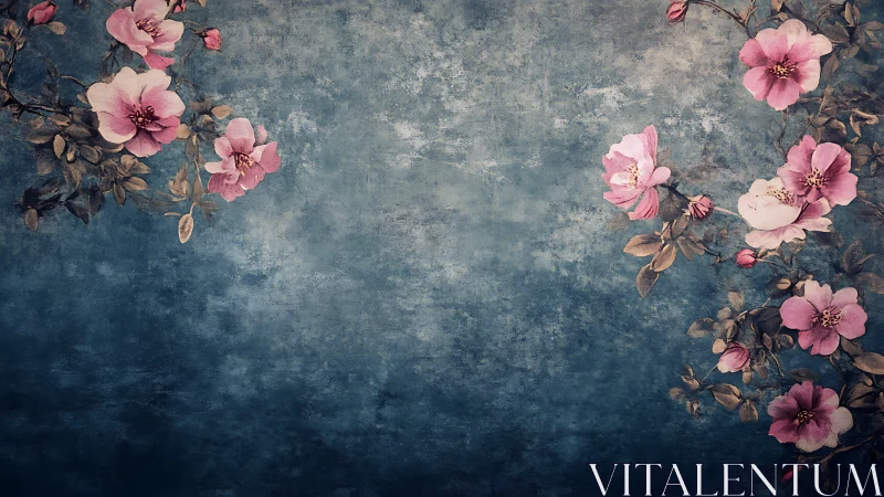 Pink Blooms Dance Across Weathered Teal Canvas
