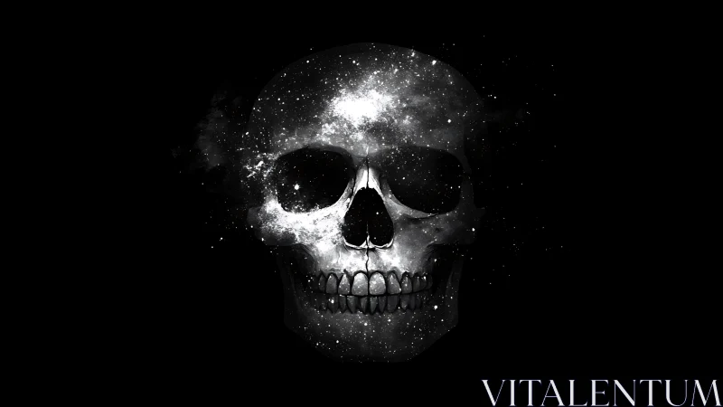 Cosmic nebula-filled human skull on deep black background