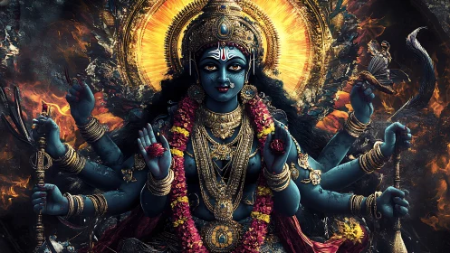 Multi-armed blue Hindu goddess amid radiant fire halo