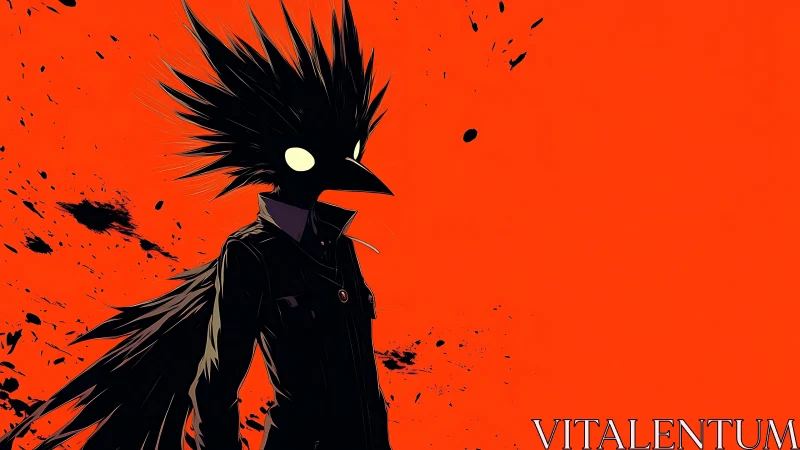 Crow-headed humanoid silhouette on vivid orange minimal field