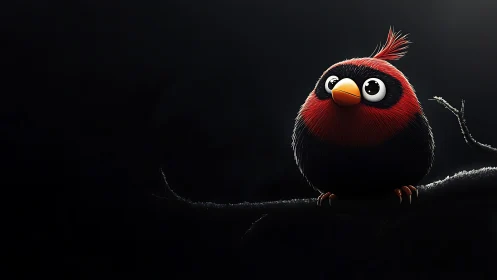Cute Cartoon Red Bird Perched on Dark Branch, Digital Art.