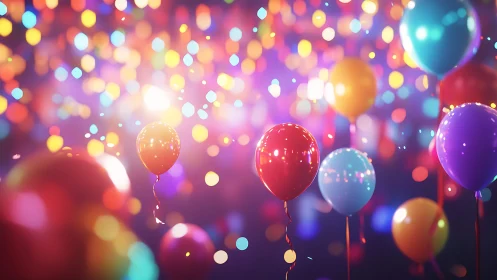 Vibrant Balloons Float Through Golden Bokeh Light.