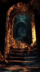 Golden stairway into the quiet heart of forgotten ruins.