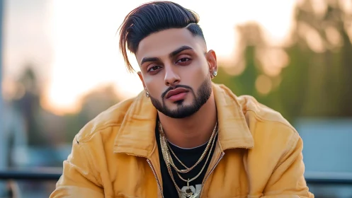 Stylish young man in yellow jacket against soft sunset bokeh