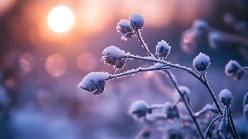 Frost covered wildflower stems against soft winter sunset.