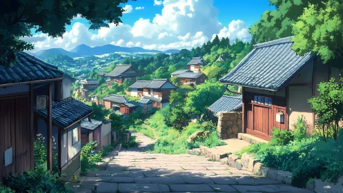 Sunlit hilltown path drifting through tranquil green rooftops.