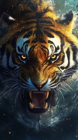 Roaring tiger portrait amid splashing water, digital art.