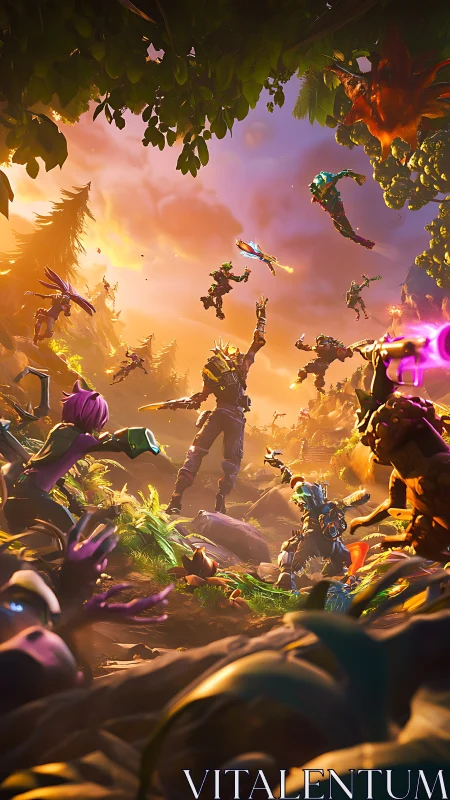 Dynamic stylized forest skirmish under volumetric sunset sky