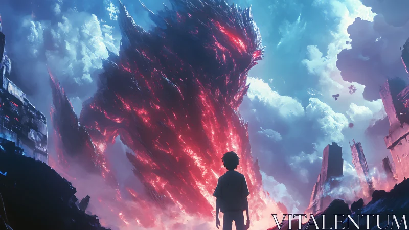 Silhouetted figure observes towering red entity in clouds