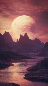 Luminous alien moon rises over tranquil violet river valley